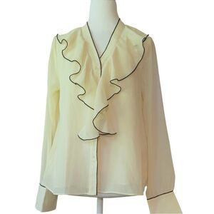 Muse Republic Clothing Ivory/Black Long-sleeve Front Ruffle Blouse Small Petite